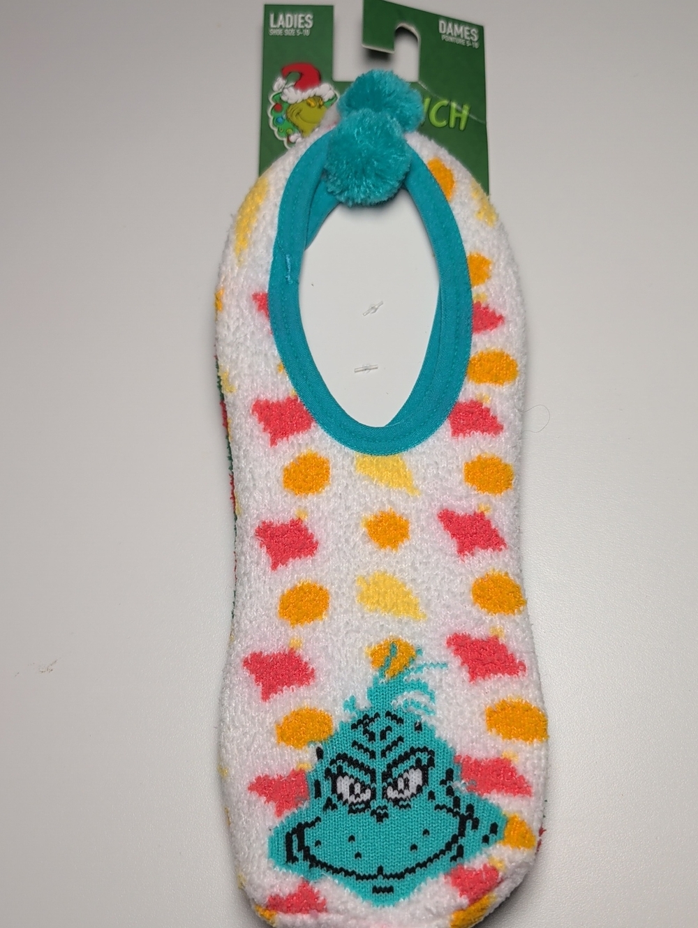 Women's Cozy Ankle Socks with Pom Pom - Teal Grinch Design